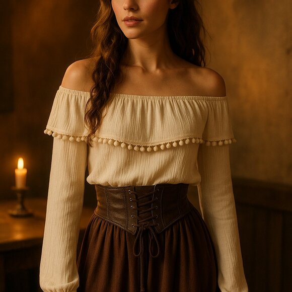 LC Designs Collection Tops - Off-Shoulder Ruffle Bardot Peasant Crop Top Pirate Wench Costume Boho Small